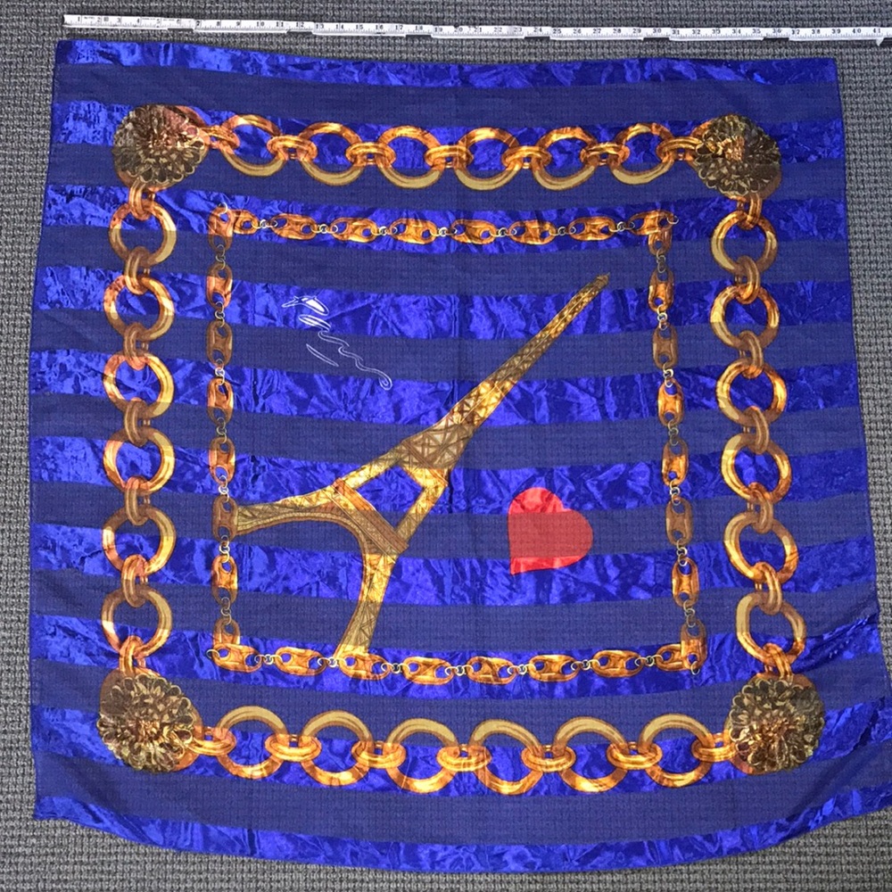 Blue & Gold Chain-Print Square Scarf with Red Heart Accent